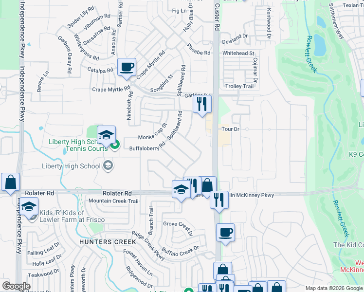 map of restaurants, bars, coffee shops, grocery stores, and more near 15926 Copperbeach Street in Frisco