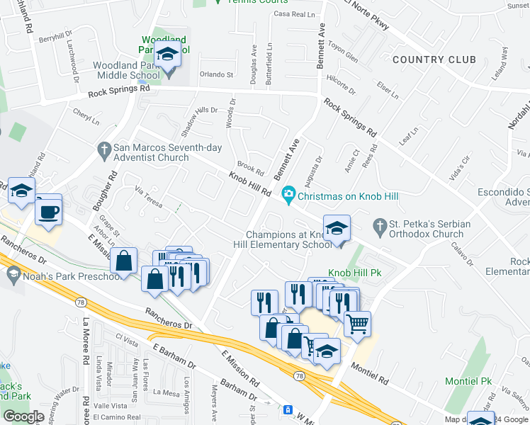 map of restaurants, bars, coffee shops, grocery stores, and more near 484 Via Arboles in San Marcos