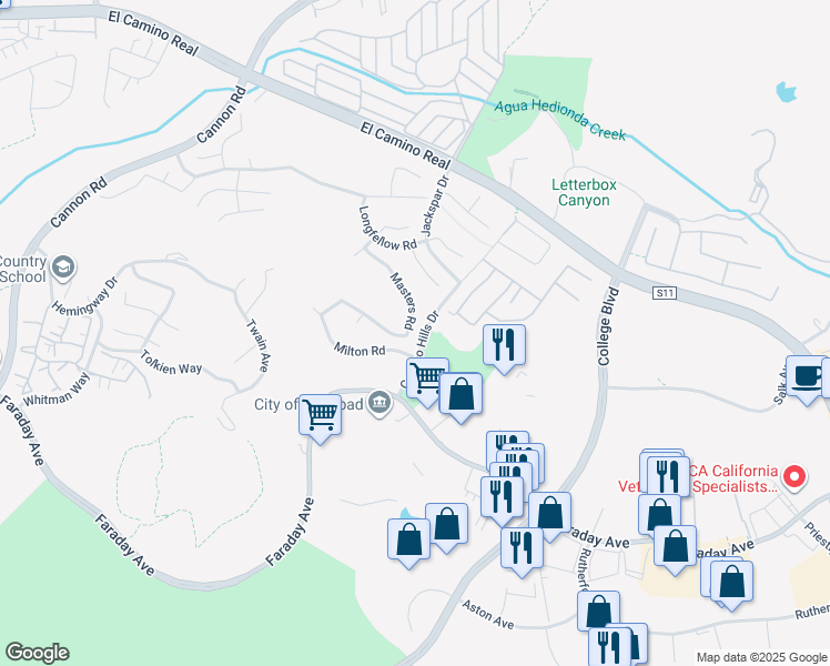 map of restaurants, bars, coffee shops, grocery stores, and more near 2273 Masters Road in Carlsbad