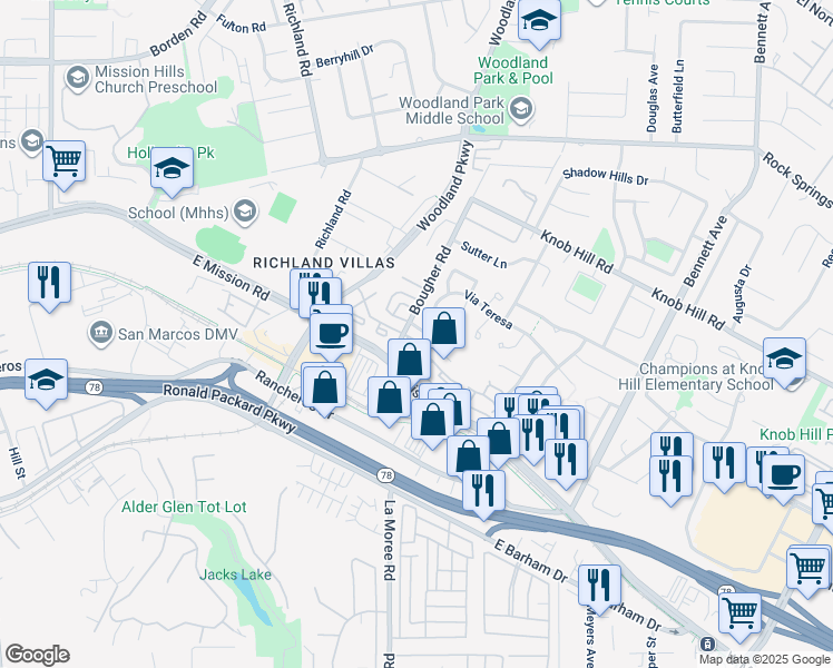 map of restaurants, bars, coffee shops, grocery stores, and more near 1010 Grape Street in San Marcos