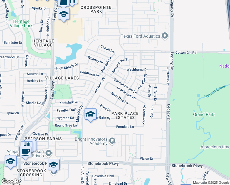 map of restaurants, bars, coffee shops, grocery stores, and more near 3747 Briar Tree Lane in Frisco
