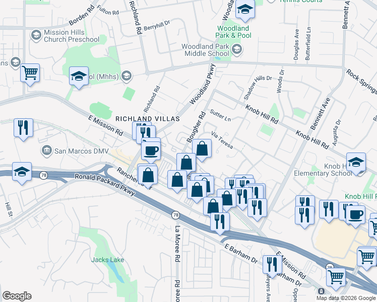 map of restaurants, bars, coffee shops, grocery stores, and more near 1010 Grape Street in San Marcos