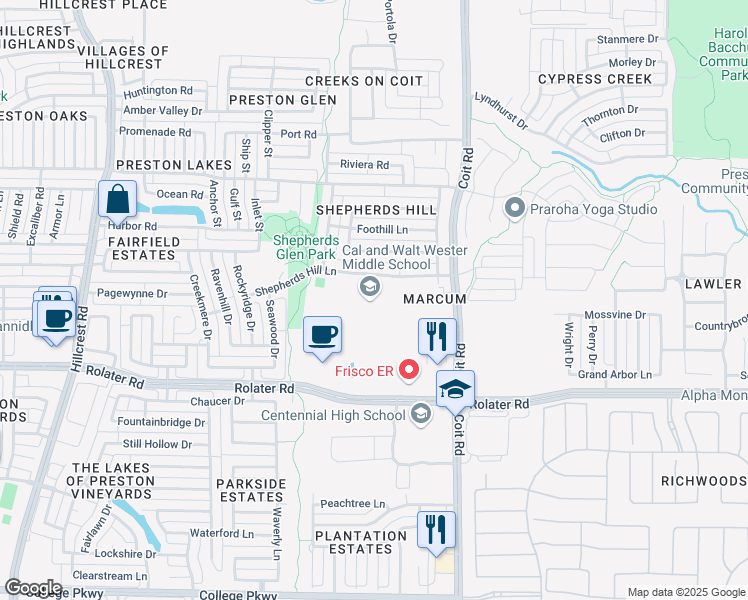 map of restaurants, bars, coffee shops, grocery stores, and more near 12293 Shepherds Hill Lane in Frisco