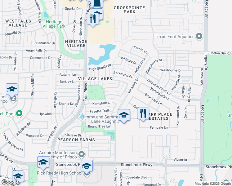 map of restaurants, bars, coffee shops, grocery stores, and more near 3274 Cedar Creek Trail in Frisco