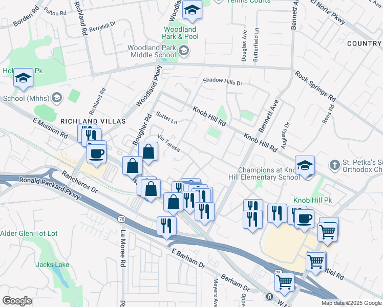 map of restaurants, bars, coffee shops, grocery stores, and more near 1226 Via Teresa in San Marcos