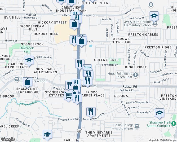 map of restaurants, bars, coffee shops, grocery stores, and more near 7548 Preston Road in Frisco