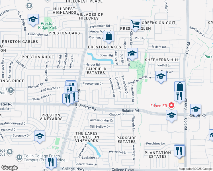 map of restaurants, bars, coffee shops, grocery stores, and more near 11429 Pagewynne Drive in Frisco