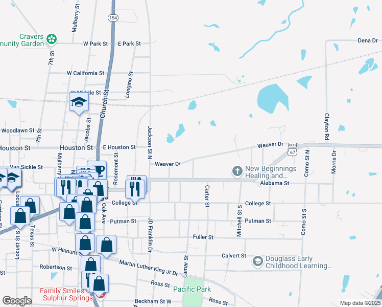 map of restaurants, bars, coffee shops, grocery stores, and more near 215 Weaver Drive in Sulphur Springs