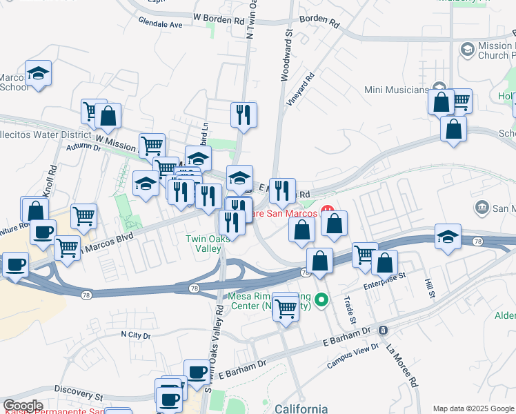 map of restaurants, bars, coffee shops, grocery stores, and more near 1001 East San Marcos Boulevard in San Marcos