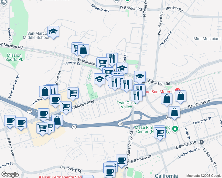 map of restaurants, bars, coffee shops, grocery stores, and more near 218 West San Marcos Boulevard in San Marcos