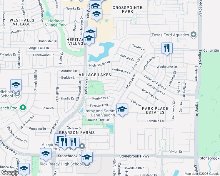 map of restaurants, bars, coffee shops, grocery stores, and more near 3274 Cedar Creek Trail in Frisco