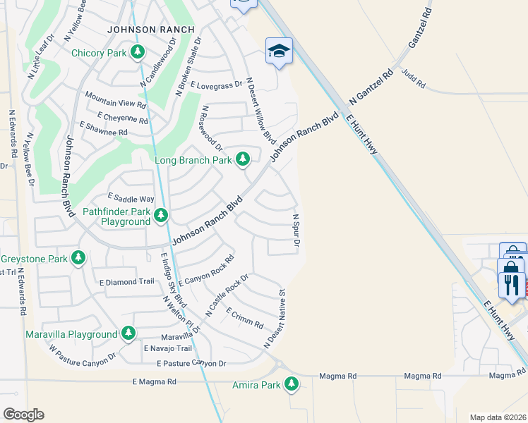 map of restaurants, bars, coffee shops, grocery stores, and more near 1119 East Country Crossing Way in Queen Creek