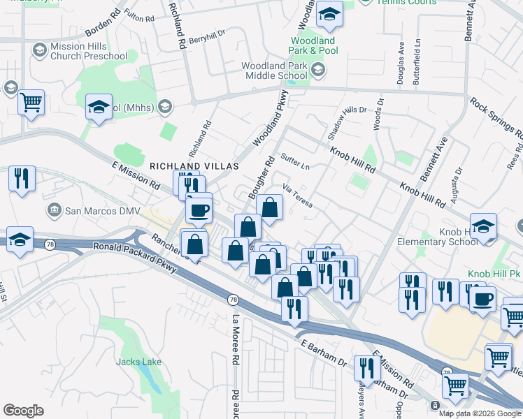map of restaurants, bars, coffee shops, grocery stores, and more near 1156 Via Camellia in San Marcos