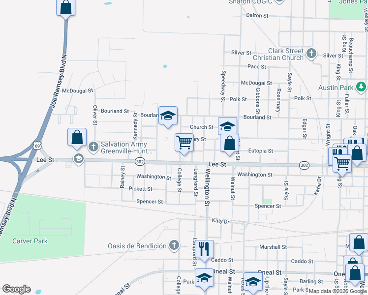 map of restaurants, bars, coffee shops, grocery stores, and more near 2223 College Street in Greenville