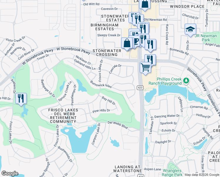 map of restaurants, bars, coffee shops, grocery stores, and more near 449 Burnswick Isles Way in Frisco