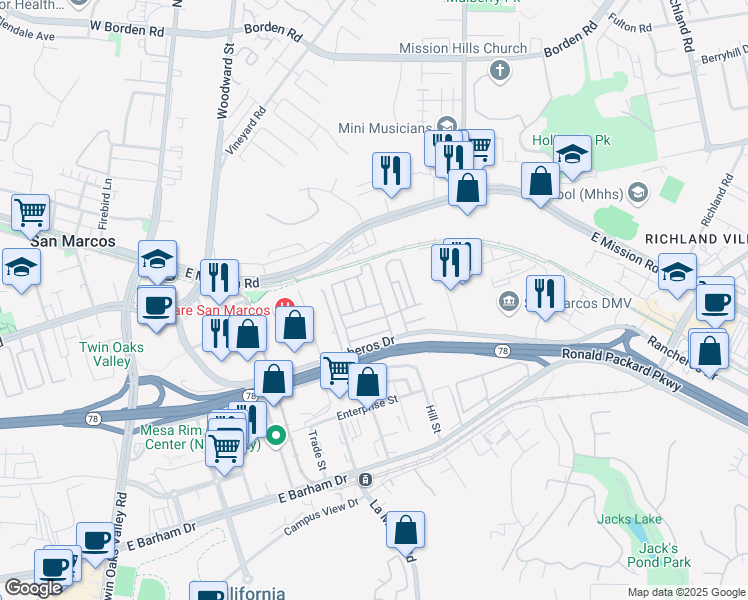 map of restaurants, bars, coffee shops, grocery stores, and more near 500 Rancheros Drive in San Marcos