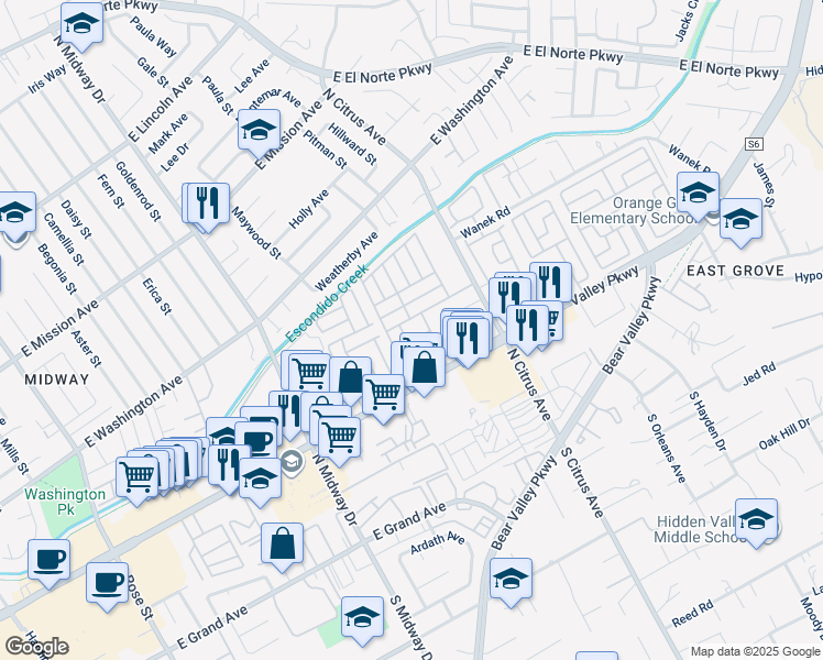 map of restaurants, bars, coffee shops, grocery stores, and more near 2300 East Valley Parkway in Escondido