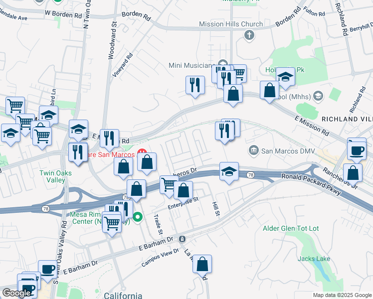 map of restaurants, bars, coffee shops, grocery stores, and more near 500 Rancheros Drive in San Marcos