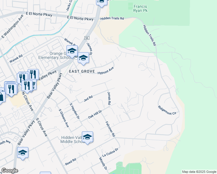 map of restaurants, bars, coffee shops, grocery stores, and more near 2904 Jed Road in Escondido