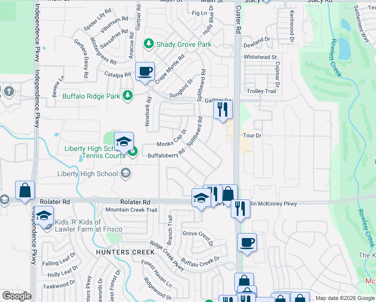 map of restaurants, bars, coffee shops, grocery stores, and more near 15814 Candletree Road in Frisco