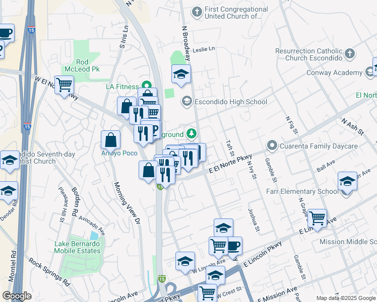map of restaurants, bars, coffee shops, grocery stores, and more near 1375 North Broadway in Escondido