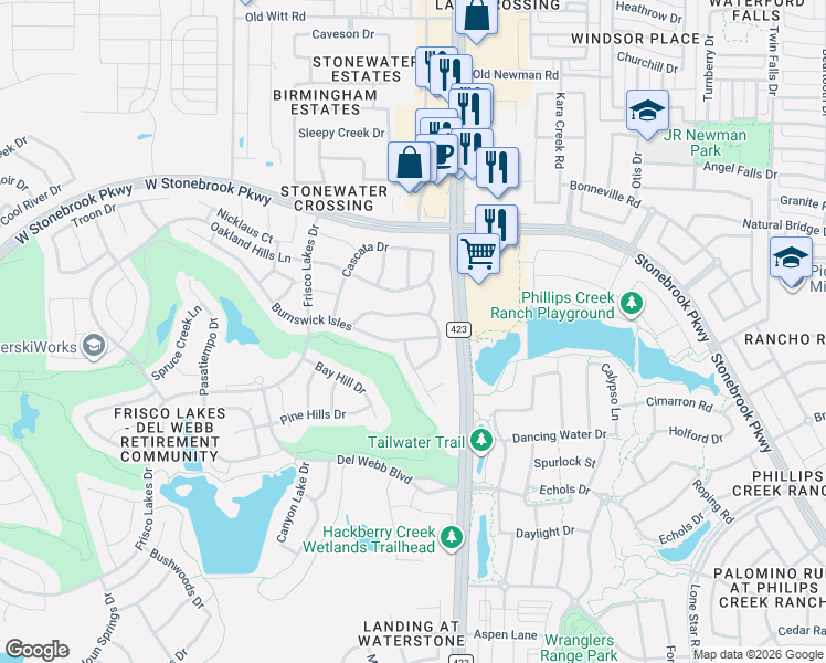 map of restaurants, bars, coffee shops, grocery stores, and more near 233 Burnswick Isles Way in Frisco