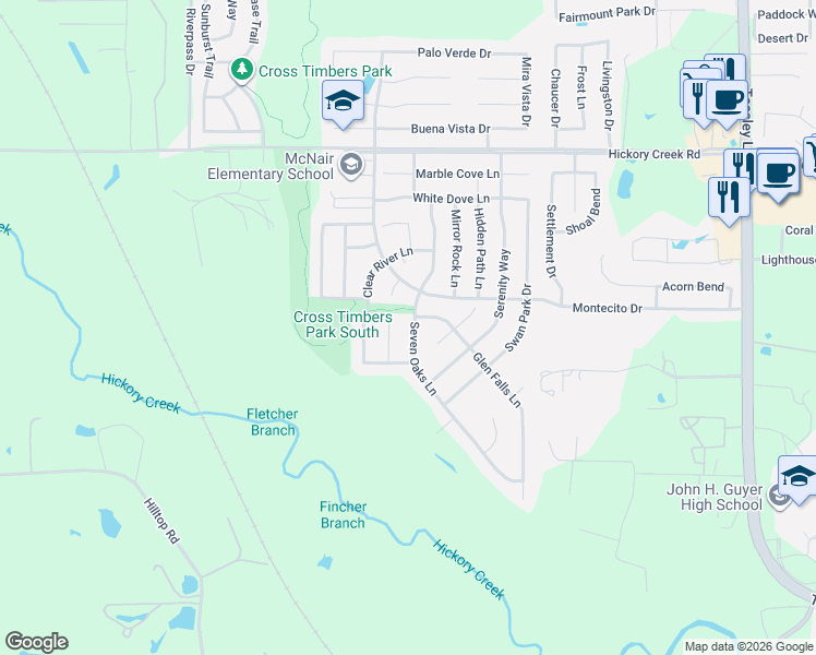 map of restaurants, bars, coffee shops, grocery stores, and more near 8501 Mild Creek Lane in Denton