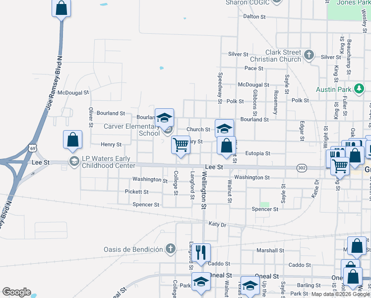 map of restaurants, bars, coffee shops, grocery stores, and more near 2223 College Street in Greenville