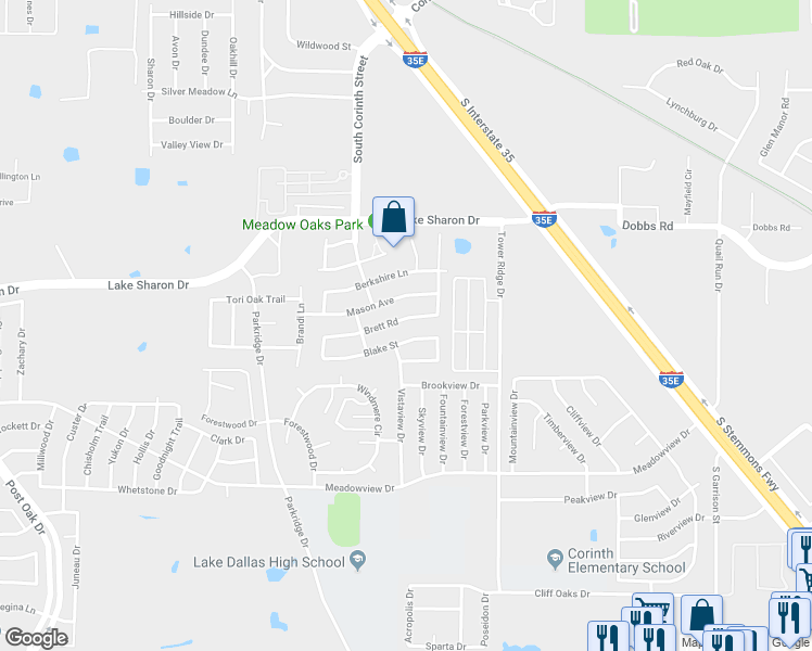 map of restaurants, bars, coffee shops, grocery stores, and more near 3110 Brett Road in Denton