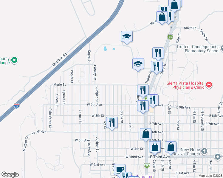 map of restaurants, bars, coffee shops, grocery stores, and more near 917 Ivy St in Truth or Consequences