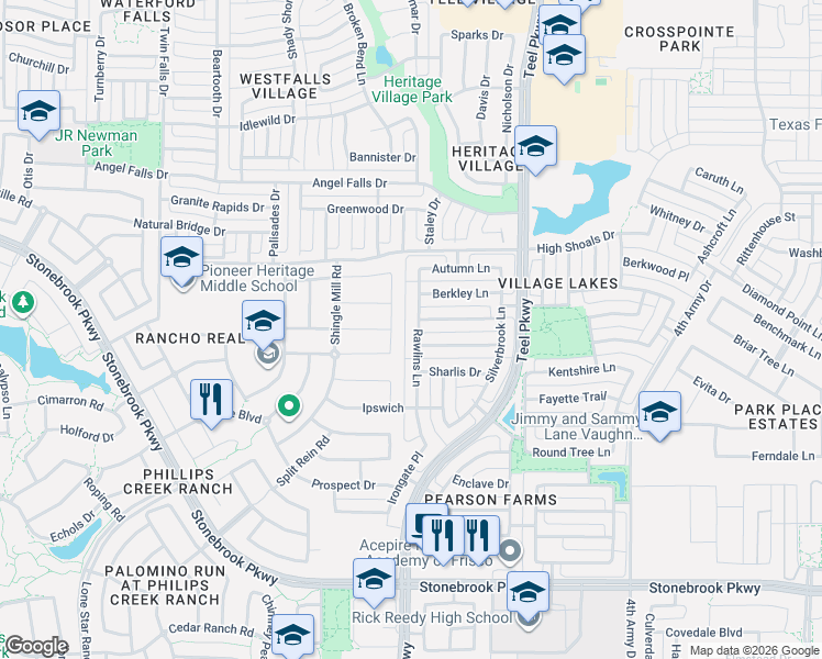 map of restaurants, bars, coffee shops, grocery stores, and more near 2524 Dearborn Lane in Frisco