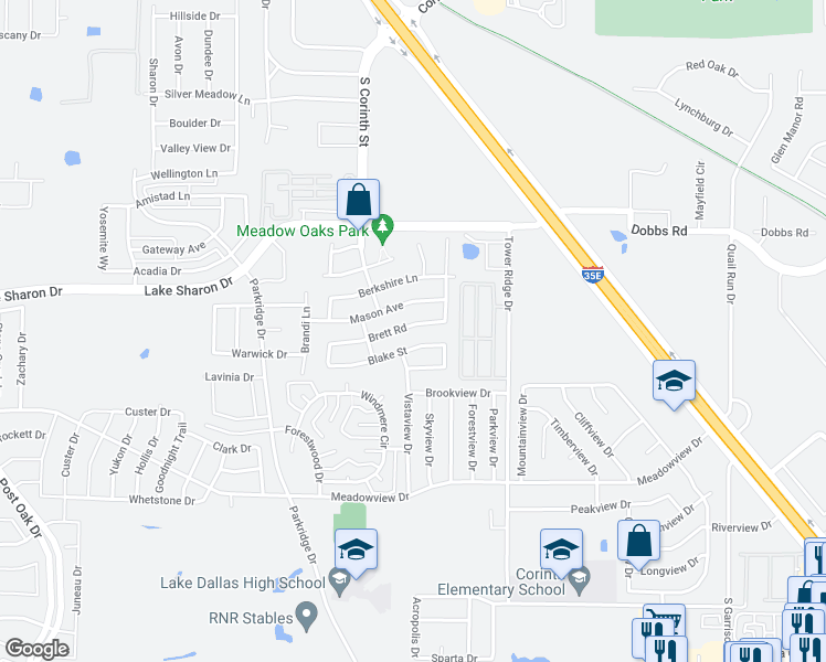 map of restaurants, bars, coffee shops, grocery stores, and more near 3110 Brett Road in Corinth