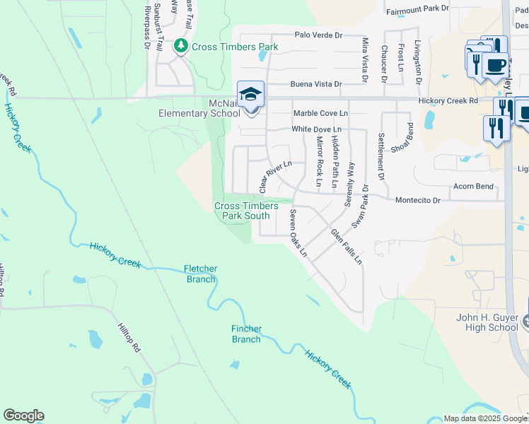 map of restaurants, bars, coffee shops, grocery stores, and more near 8409 Clear River Lane in Denton