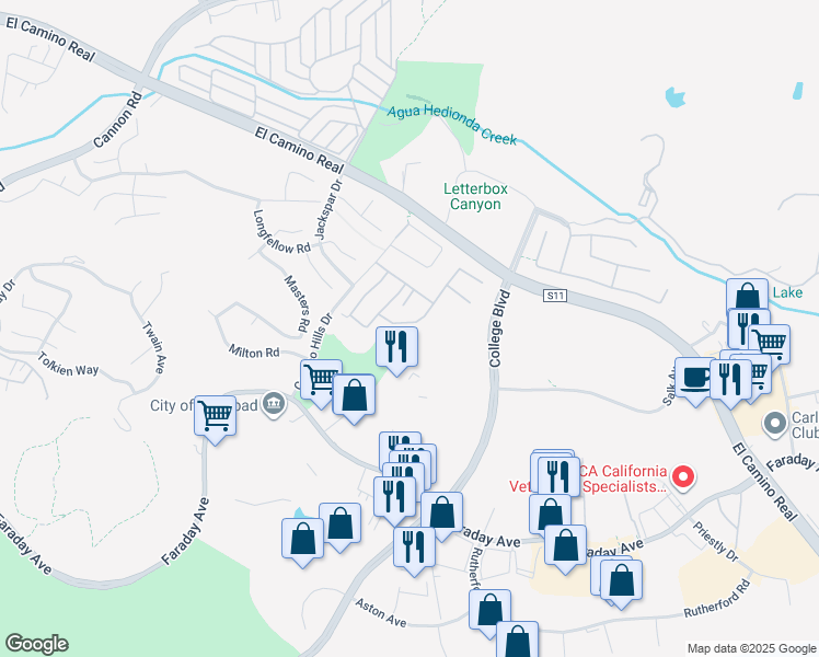 map of restaurants, bars, coffee shops, grocery stores, and more near 2289 Bryant Drive in Carlsbad