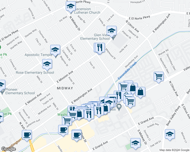 map of restaurants, bars, coffee shops, grocery stores, and more near 634 Erica Street in Escondido