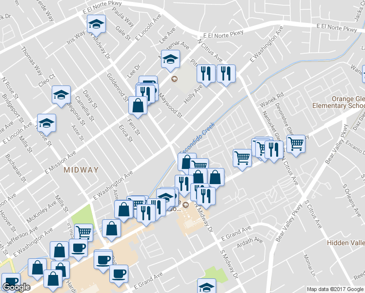 map of restaurants, bars, coffee shops, grocery stores, and more near 540 Boxwood Glen in Escondido