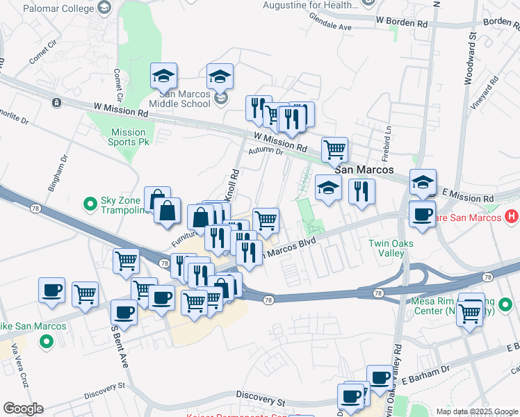 map of restaurants, bars, coffee shops, grocery stores, and more near 422 Los Vallecitos Boulevard in San Marcos