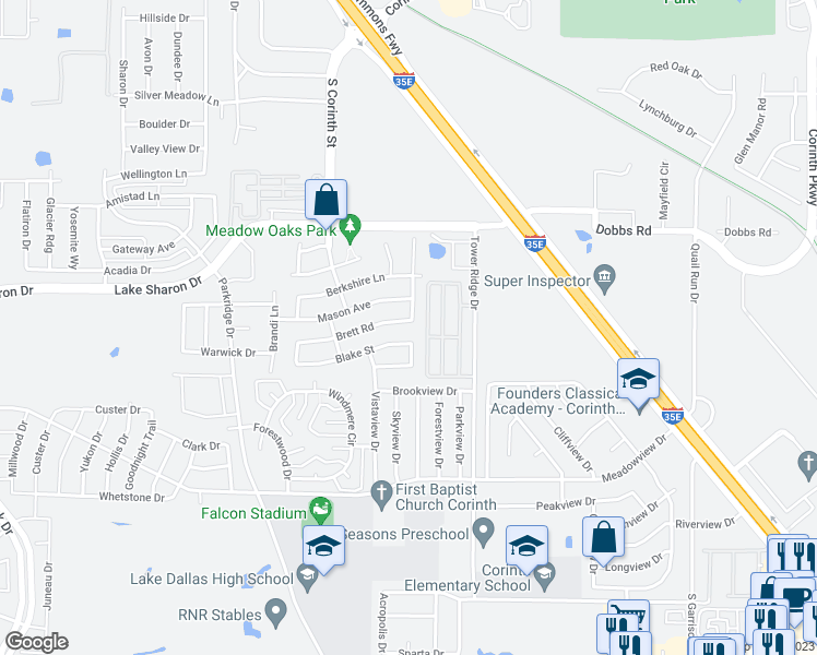 map of restaurants, bars, coffee shops, grocery stores, and more near 3202 Brett Road in Corinth