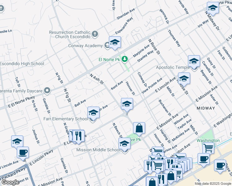 map of restaurants, bars, coffee shops, grocery stores, and more near 1247 Armstrong Circle in Escondido