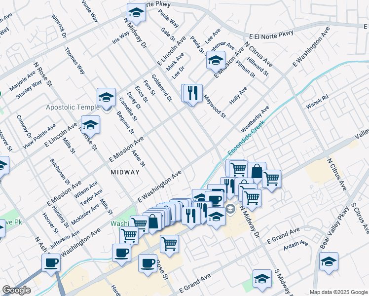 map of restaurants, bars, coffee shops, grocery stores, and more near 629 Erica Street in Escondido