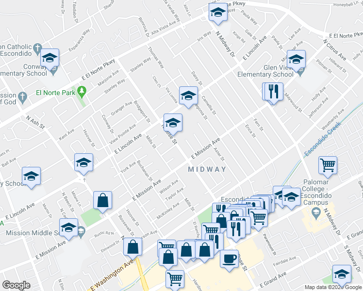 map of restaurants, bars, coffee shops, grocery stores, and more near 849 North Rose Street in Escondido