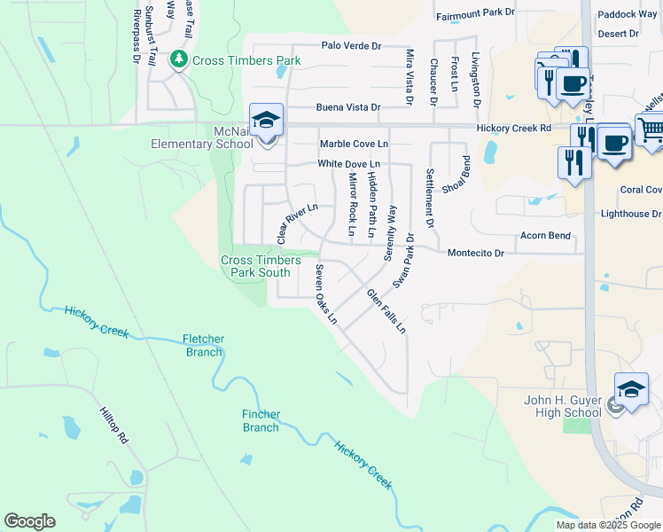 map of restaurants, bars, coffee shops, grocery stores, and more near 8404 Glen Falls Lane in Denton