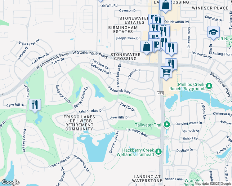 map of restaurants, bars, coffee shops, grocery stores, and more near 711 Burnswick Isles Way in Frisco