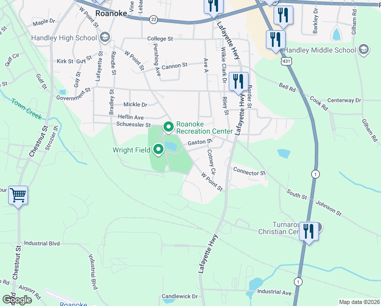 map of restaurants, bars, coffee shops, grocery stores, and more near 623 West Point Street in Roanoke