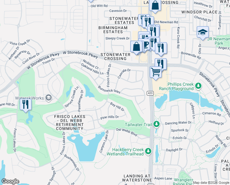 map of restaurants, bars, coffee shops, grocery stores, and more near 449 Burnswick Isles Way in Frisco