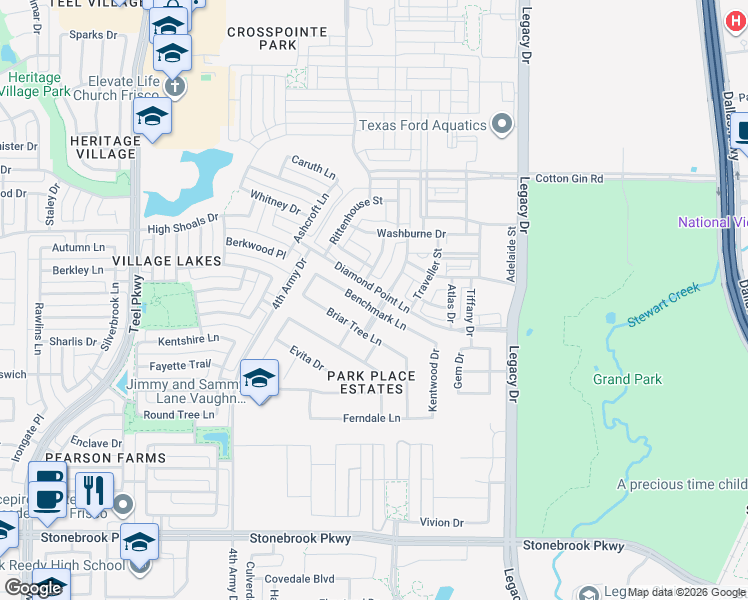map of restaurants, bars, coffee shops, grocery stores, and more near 3857 Benchmark Lane in Frisco