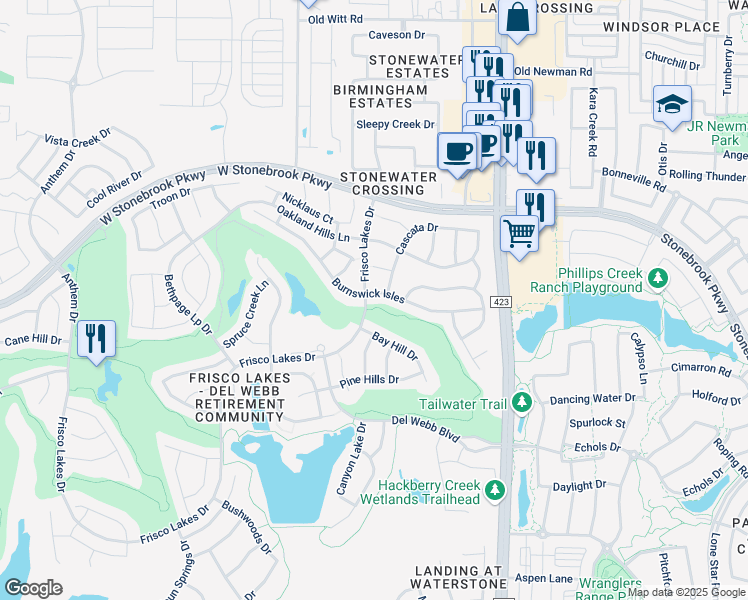 map of restaurants, bars, coffee shops, grocery stores, and more near 711 Burnswick Isles Way in Frisco