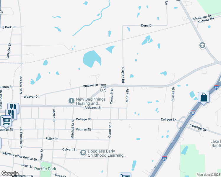 map of restaurants, bars, coffee shops, grocery stores, and more near 327 Como Street North in Sulphur Springs