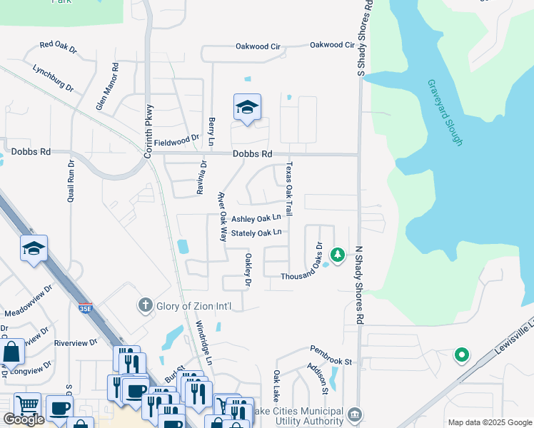 map of restaurants, bars, coffee shops, grocery stores, and more near 321 Ashley Oak Lane in Lake Dallas