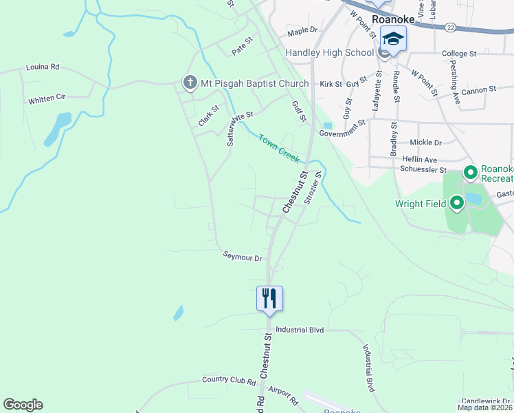 map of restaurants, bars, coffee shops, grocery stores, and more near 1151 Reed Street in Roanoke